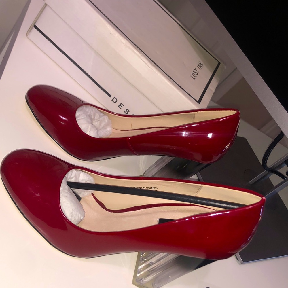 Lost Ink Red Clear Heeled Court Shoes